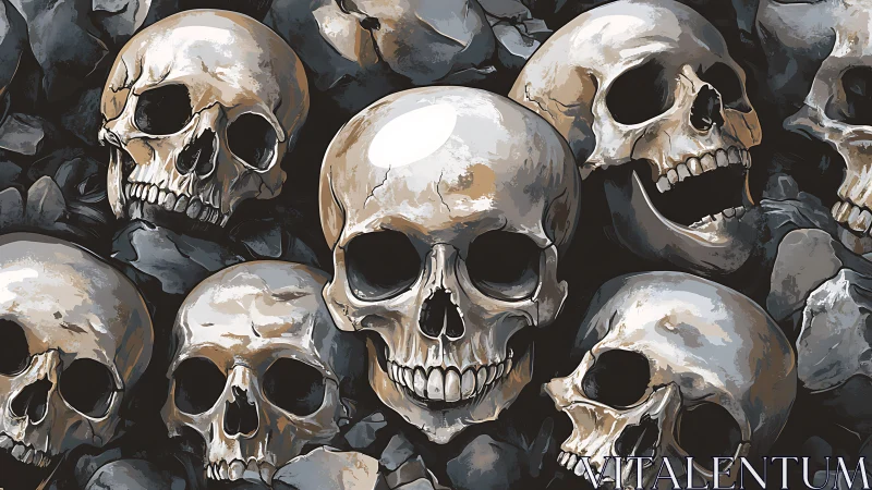 Clustered human skulls rendered with high-contrast digital shading