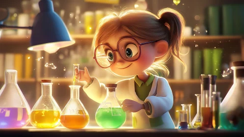 Curious child scientist joyfully experiments in a glowing lab