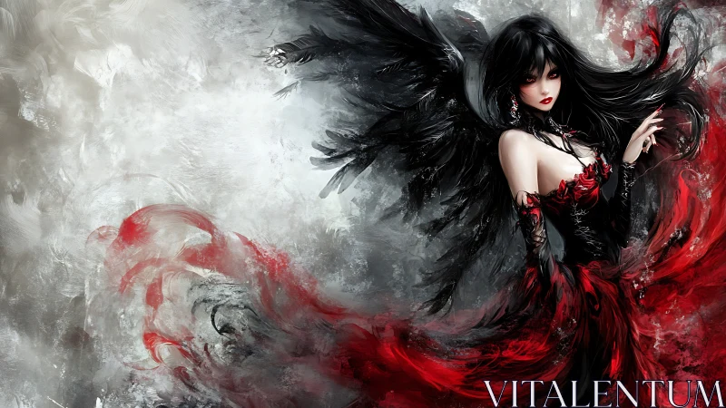 Gothic winged enchantress emerges from swirling red abstraction