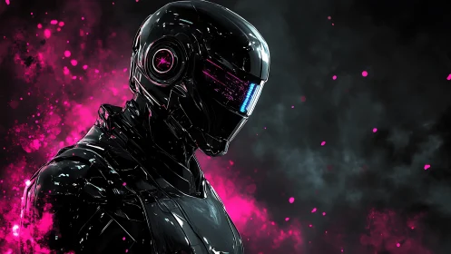 Cyberpunk chrome android in neon magenta particle field.