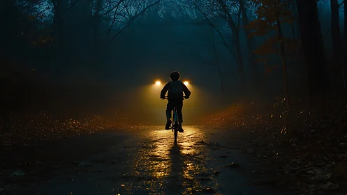 Night Rider on Forest Path Glowing with Adventure.
