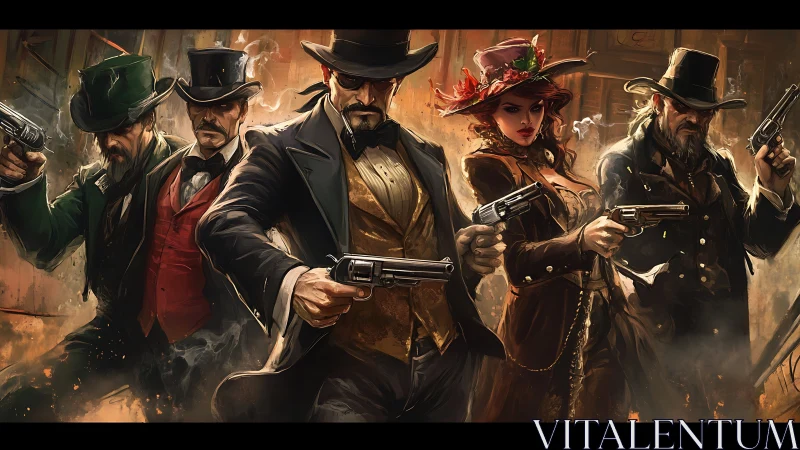 Armed Wild West gunslingers stride forward in cinematic digital art