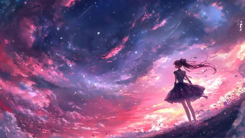 Stargazing silhouette under swirling magenta twilight sky.