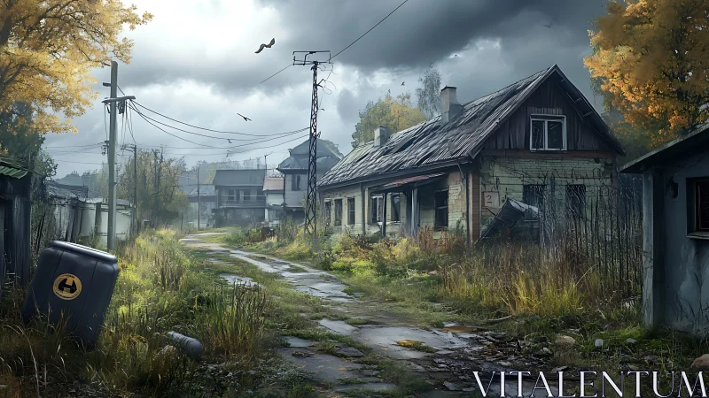 Derelict rural lane with weathered house and overhead wires.