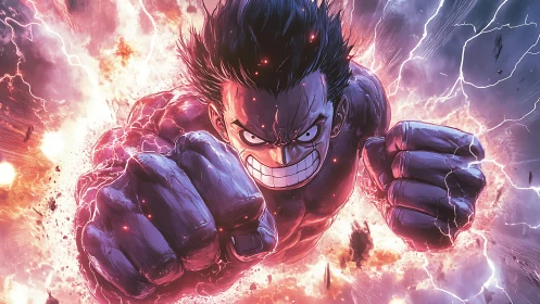 Dynamic anime brawler in electrified frontal action composition.