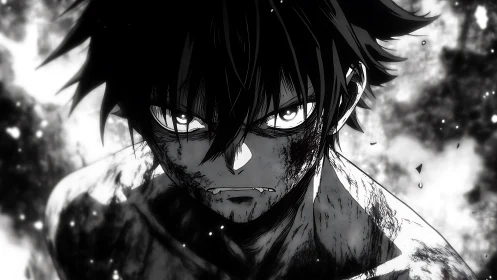 Battle-scarred anime hero rising from swirling shadows.