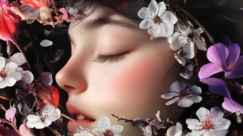 Serene female profile framed by vivid spring blossoms.