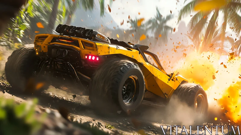 Jungle storm buggy outruns a blazing tropical explosion.
