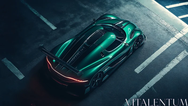 Sleek emerald supercar waits under calm midnight lights