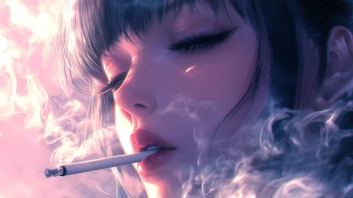 Woman smoking cigarette in soft neon colored digital portrait