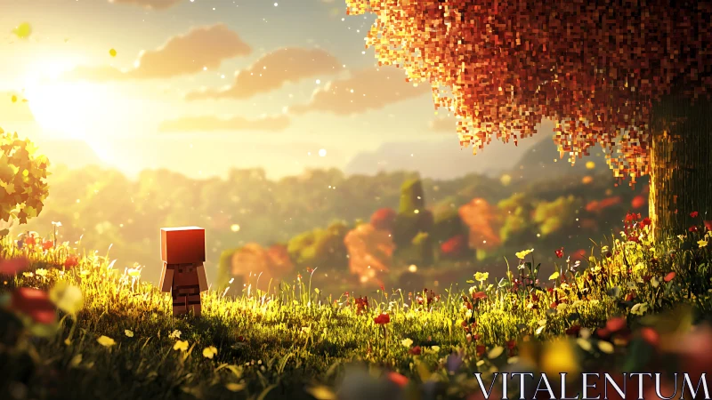 Tiny voxel wanderer greets a golden sunrise over pixel woods