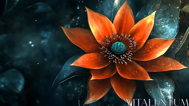 Iridescent orange blossom unfurling in luminous voidscape.