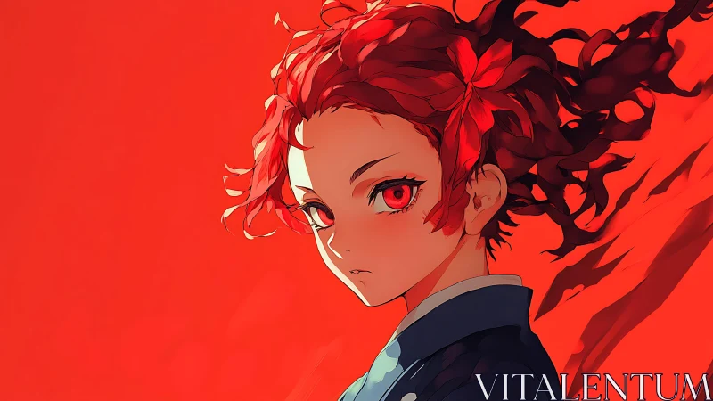 Fiery red-haired anime warrior against blazing backdrop.