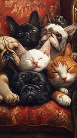 Six Adorable Pet Friends Snuggled Together on Red Velvet