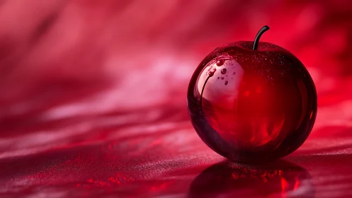Red glass-like apple object on reflective red surface.