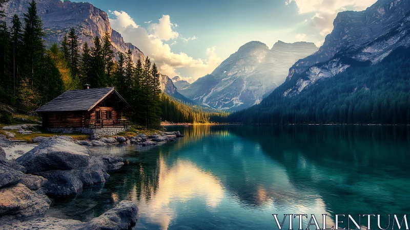 Timber cabin beside reflective alpine lake and forested peaks.