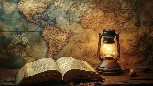 Lantern-lit atlas dreams over weathered world map pages.