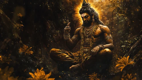 Meditating figure with ornate jewelry in glowing forest scene.