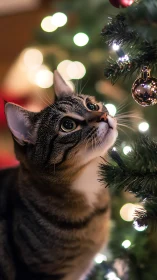 Curious tabby cat observes reflective bauble on lit tree