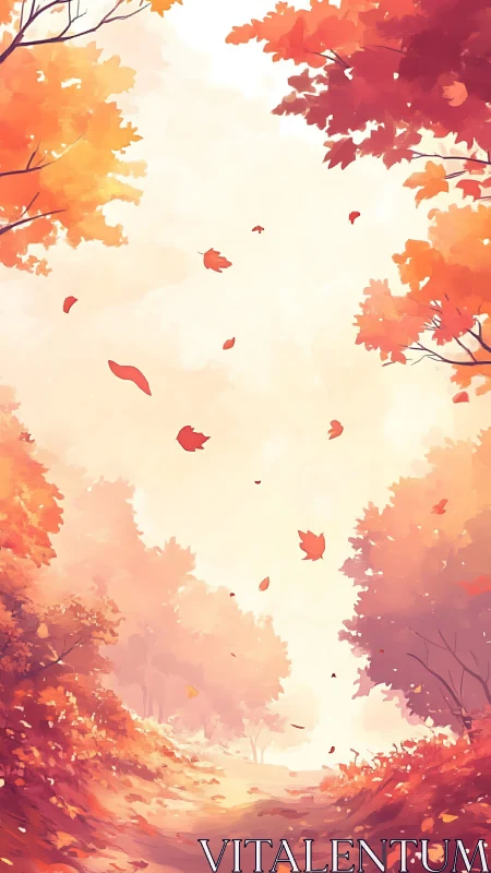 Autumn forest corridor with drifting leaves and golden haze.