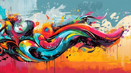 Sweeping neon ribbons over bold abstract urban field.