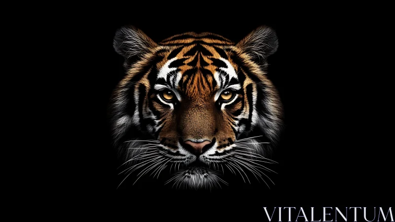 Tiger portrait emerges from darkness with piercing gaze.