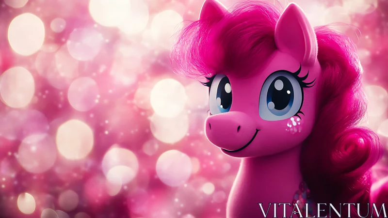 Pink cartoon pony portrait with sparkling bokeh glow.