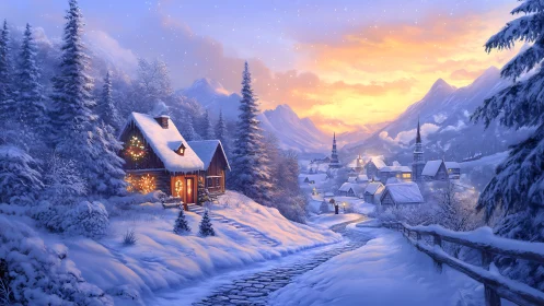 Snowy mountain village glows warmly beneath a golden sunset