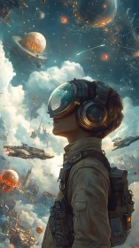 Young space pilot in visor helmet surveys layered orbital city