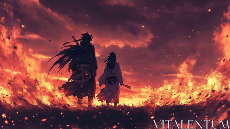 Two warriors stand united as flames consume the horizon