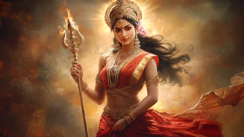 Divine warrior goddess in red sari with flaming trident amid aura