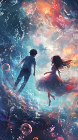 Starlit Drift of Two Dreamers in a Cosmic Watercolor Sea.