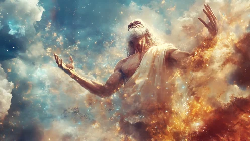 Celestial elder ascending through radiant cosmic clouds.