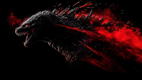 Kaiju profile with red energy trail on black background.