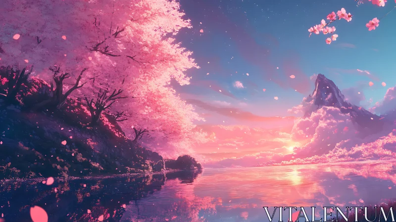 Dreamlike cherry blossom lake under glowing sunset sky.