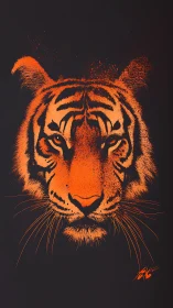 Tiger face glows in neon orange on deep black background.