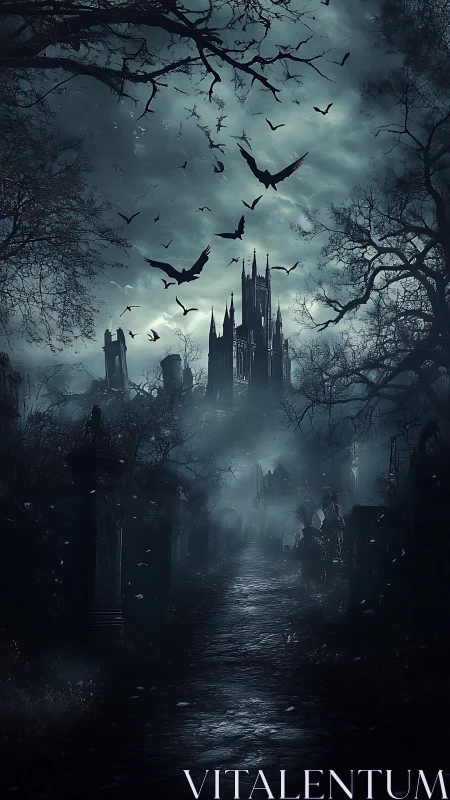 Moonlit bats encircle a forsaken gothic citadel of shadows.