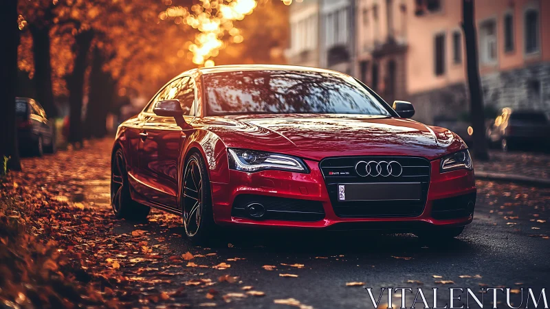 Scarlet sports coupe prowls through a golden autumn glow