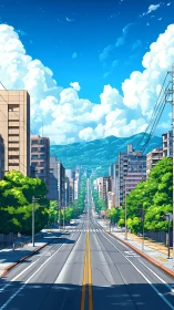 Sunny urban avenue leading toward distant blue hills.