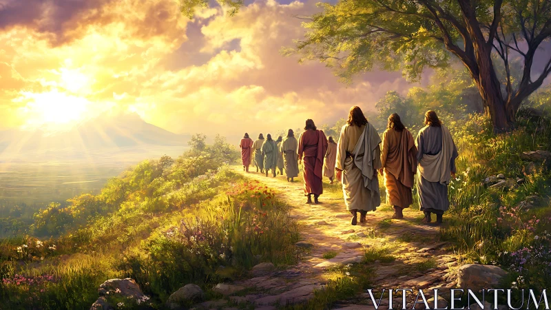 Sunlit hillside procession under volumetric sunrise light scattering