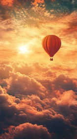 Orange hot air balloon drifts above glowing sunset clouds
