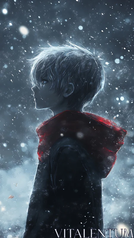 Boy in red scarf watches silent snowfall under night sky.