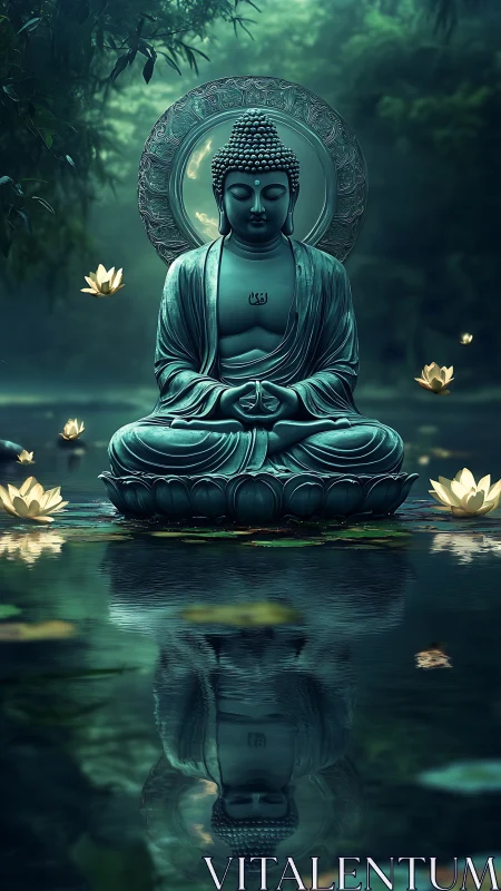 Serene Buddha statue rests over misty lotus pond at dusk