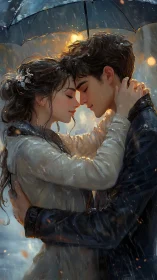 Luminous Intimacy: Digital Portraiture of Sheltered Romance in Rain.