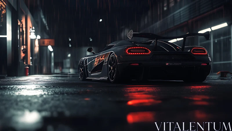 Rear view of black sports car on wet city street at night.