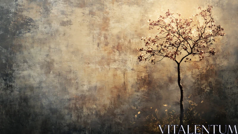 Solitary tree against textured wall in soft, moody digital art style.