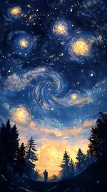 Silhouetted figure observes swirling night sky above forest