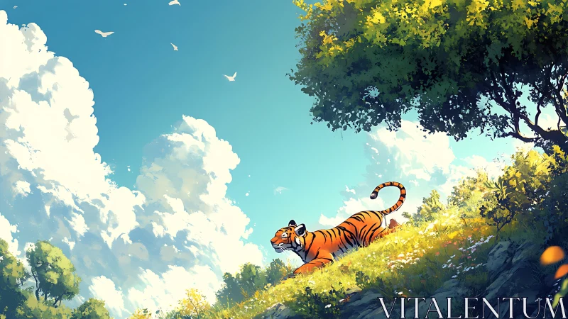 Sunlit hilltop tiger drifting through cloud-bright daydreams.