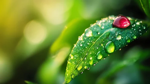 Leaf holds dewdrops and red berry in glowing morning light.