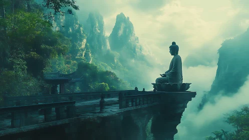 Buddha statue sits on stone platform in misty mountain gorge